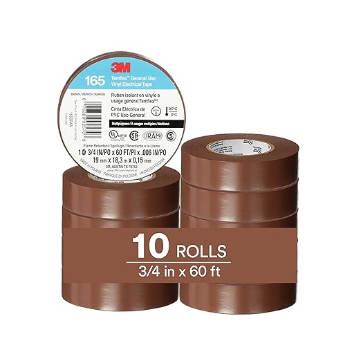 3M Temflex Multi-Purpose Vinyl Electrical Tape 165, Brown, 3/4 in x 60 ft (19 mm x 18 m), 10 Roll Pack