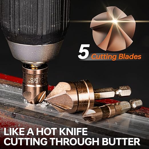 Countersink Drill Bit Set, M35 Cobalt HSS Countersink Drill Bits 6 Pieces 1/4 Inch Quick Change Hex Shank for Metal, Wood, Stainless Steel, Carbon Steel