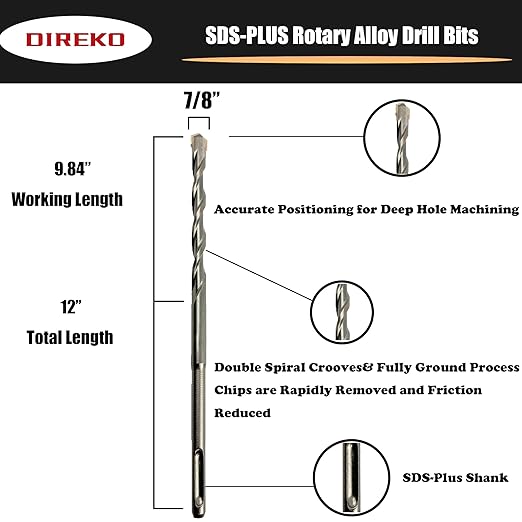 Generic Direko 10 Piece Carbide-Tipped SDS-Plus Rotary Hammer Drill Bit Set Length 12"",Twist Drill 7/8"",for Masonry，Concrete,Brick Granite etc.