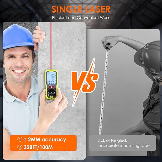 Laser Measure, 100M/328ft Digital Laser Tape Measure with Backlit LCD, ±2mm Accuracy, Portable Laser Rangefinder M/in/Ft Unit Switching, Measuring Distance,Area,Volume and Pythagoras(Red)