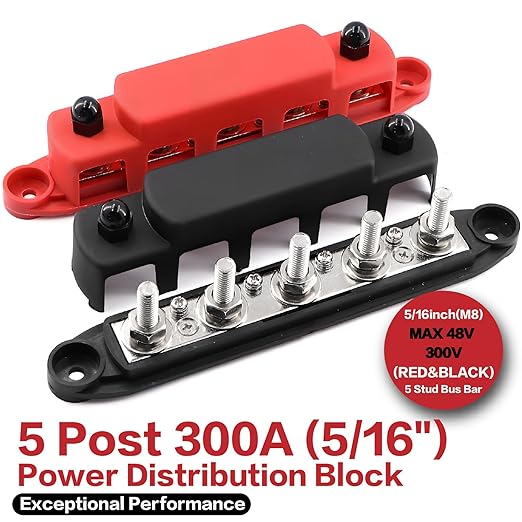 300A Bus Bar 5 Post 12V-48V DC Power Distribution Block,5 * 5/16"(M8) Battery Terminal Studs with Cover and Wire Lugs for Wiring,Automotive,Marine,Battery busbar (Red&Black)