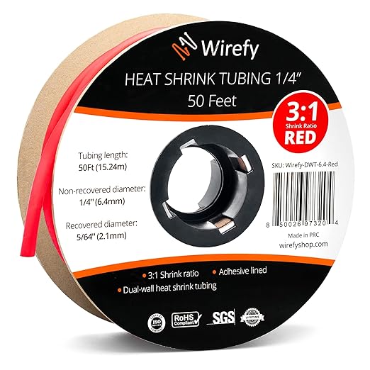Wirefy 1/4" Heat Shrink Tubing - 3:1 Ratio - Adhesive Lined - a resistant Heat Shrink - Red - 50 Feet Roll