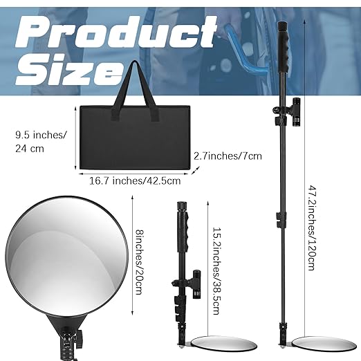 Barydat 4 Pack Under Vehicle Inspection Mirror with Telescoping Handle and Light 8 Inch Diameter Security Angle Adjustment Handheld Inspection Mirror for Under Car Truck Equipment Over Shelf