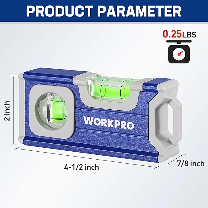 WORKPRO Small Level, 4-1/2 Inch Mini Level Tool, Magnetic Pocket Level with 2 Different Bubbles 90°/180°, Aluminum Alloy Construction, Cobalt Blue