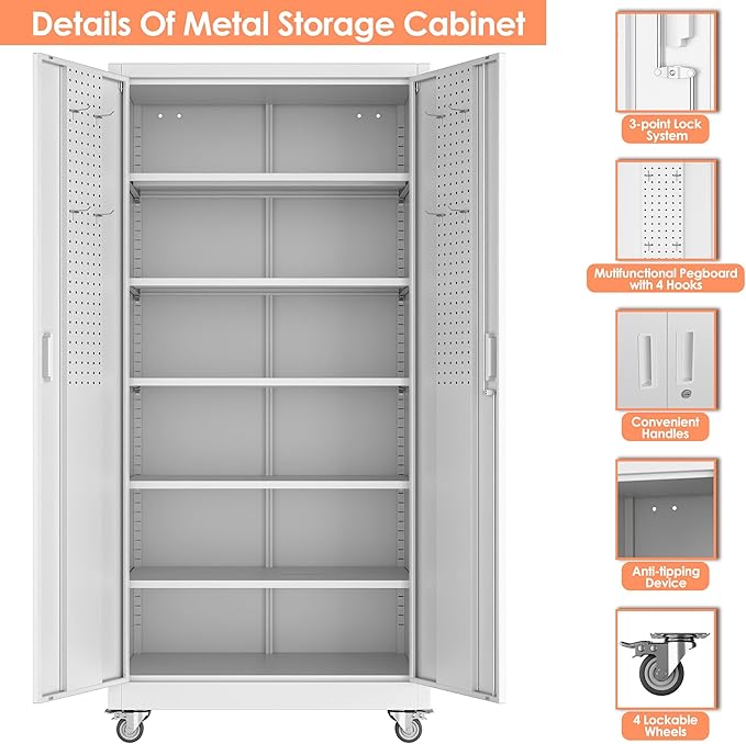 71" Metal Storage Cabinet with Wheels and Pegboard, Lockable Rolling Steel Storage Cabinet with 5 Adjustable Shelves and Door for Garage, Office, Kitchen, Assembly Required,White