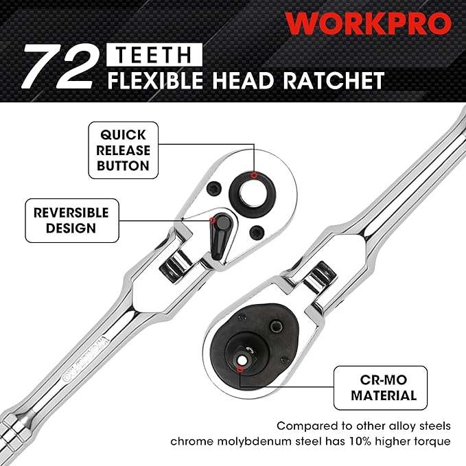 WORKPRO 1/4" Drive Flex Head Ratchet 72-Tooth Ratchet Flex Head with Chromium Plating Quick Release Reversible Design, 5 Degree Swing