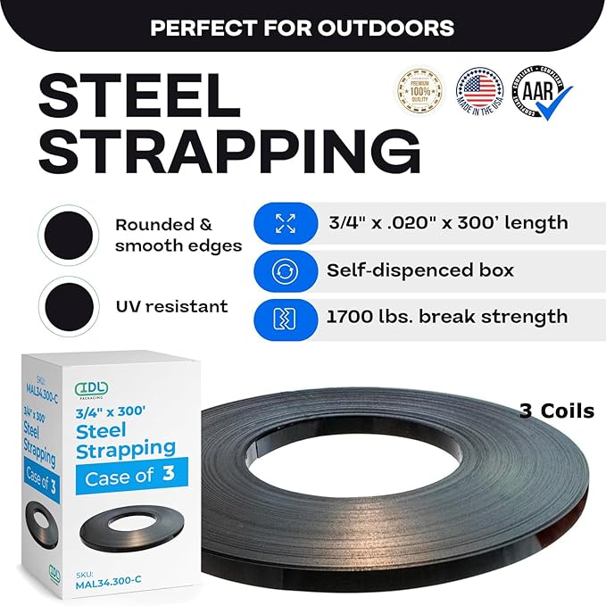Steel Strapping Coil 3/4" x .020" x 300' (3-Pack), 1700 lbs Break Strength in Self-Dispensed Сardboard Box - Metal Band - Heavy-Duty Steel Strapping with Superior Cut-Resistance by IDL Packaging