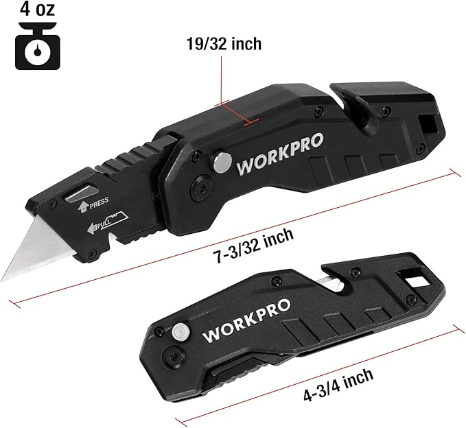 WORKPRO Folding Utility Knife, Box Cutter with Belt Clip, Quick-Change Blade, Lightweight Nylon Handle, Wire Stripper & Gut Hook, Extra 10 SK5 Blades Included, Black