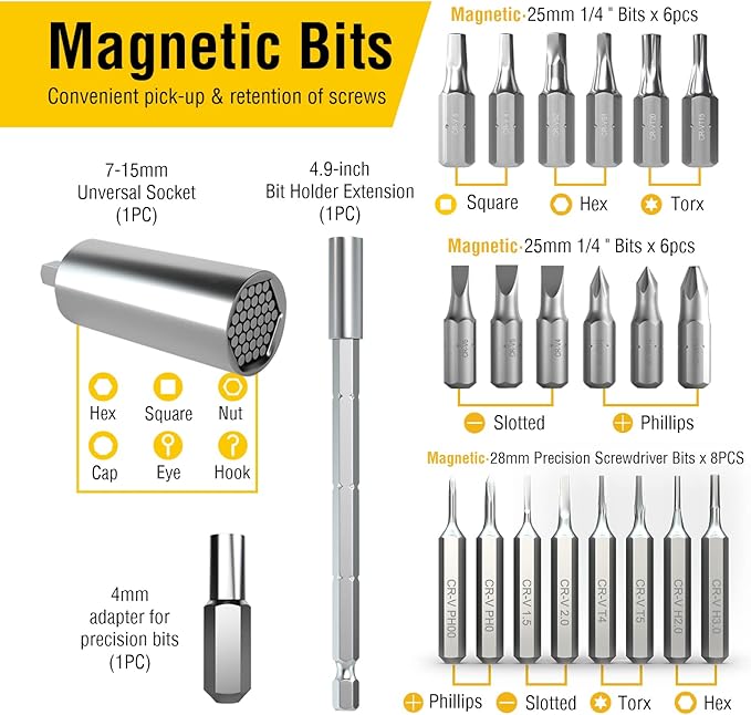 AZUNO 24 IN 1 Ratchet Screwdriver Set with Universal Socket, 20 CRV Bits Stored in Handle, 12+8 Slotted/Philips/Torx/Hex/Square Sand Blasted Bits and Chrome Plated Precision bits.