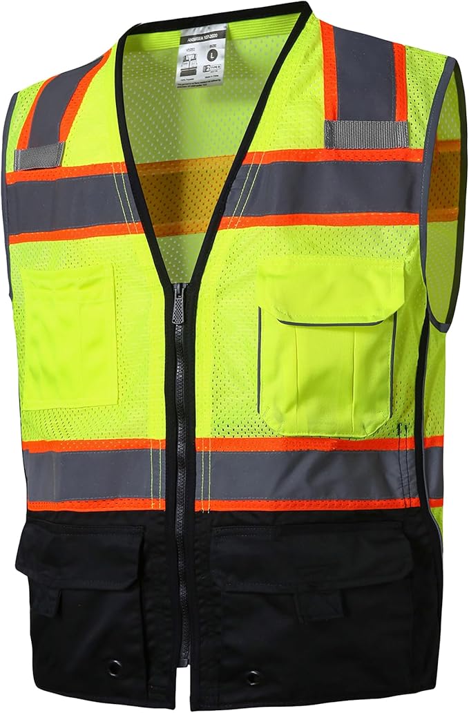 SKSAFETY 10 Pocket Hi Vis Safety Vest, Class 2 High Visibility with Zipper, Reflective Strips (Lime Black, 5XL)