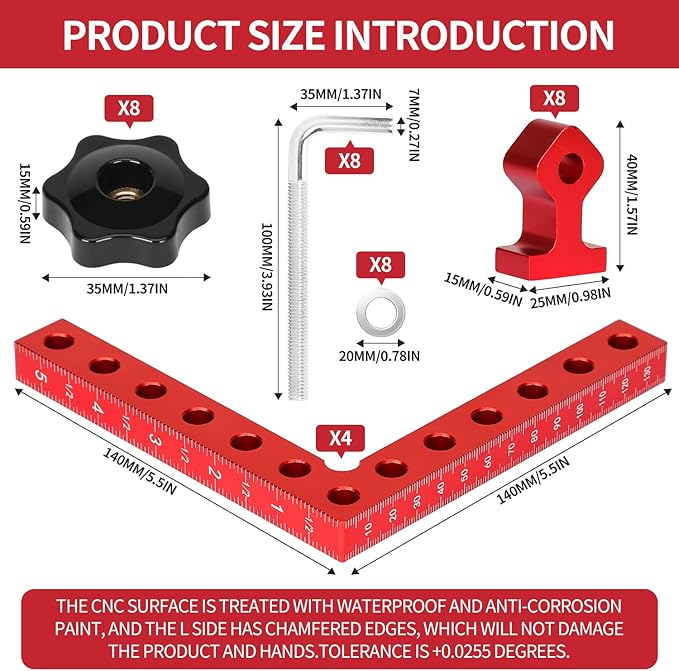 90 Degree Corner Clamp for Woodworking, 4Pack 5.5" x 5.5" Aluminum Alloy Precision Positioning Clamping Squares with 12pcs Gasket, for Picture Frames Boxes Cabinets Drawers,with Strong Box