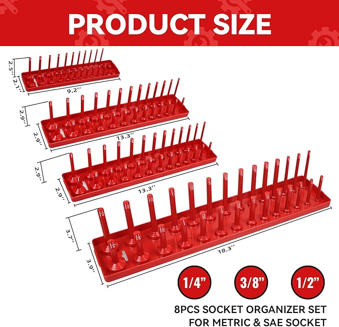 8PCS Socket Organizer Tray Set,SAE & Metric Socket Trays, 2PCS 1/4", 4PCS 3/8", 2PCS 1/2" Drive Deep and Shallow Socket Holders for Toolboxes (8pcs socket organizer (store 226 sockets）)