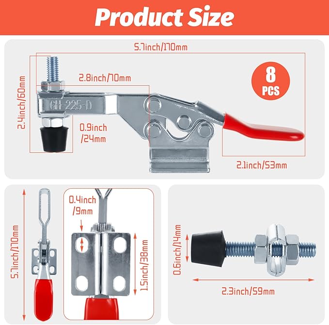 Acrux7 8 Pack Toggle Clamp, Quick Release Hold Down Clamps 500 LBS Holding Capacity, GH-225D Horizontal Adjustable Toggle Clamp for Woodworking, Smoker, Doors, Cabinets, Tool Boxes