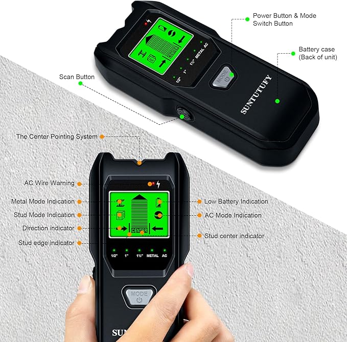 Stud Finder Wall Scanner - 5 in 1 Electronic Stud Detector with Upgraded Smart Sensor, Audio Alarm and HD LCD Display for the Center and Edge of Wood, AC Wire, Metal and Studs Detection(Frosted Black)