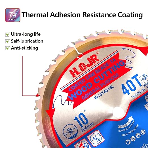Circular Saw Blade Woodworking TA Series,10" 40-Tooth Arbor: 5/8",General Purpose Wood Cutting,Special Anti-Thermal Adhesion Coating on Cutting Head -TA,High Finish, Long Life,W10 40T TA