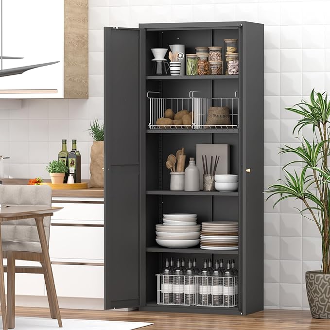 GREATMEET 71" Tall Storage Cabinet, Farmhouse Food Pantry Cabinet, Black Metal Kitchen Cupboard with Doors for Garage, Dining Room, Living Room and Laundry