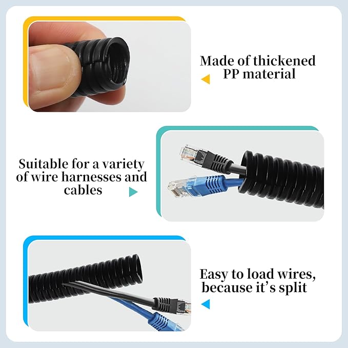 Split Loom Wire 1/4" X 25ft, 1/2" X 25ft, 3/8" X 25ft Electric Wires Covers Flexible Wire Loom Tubing Dog Cat Cord Protector Split Cable Sleeves (1/4", 1/2", 3/8" x 25 Ft)