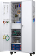71" Metal Garage Storage Cabinet with 16 Hooks and Pegboards,1 Drawer Inside Rolling Tool Storage Cabinet with Adjustable Shelves,3 Metal Hanging Rod for Garage,Warehouse(Grey/White)