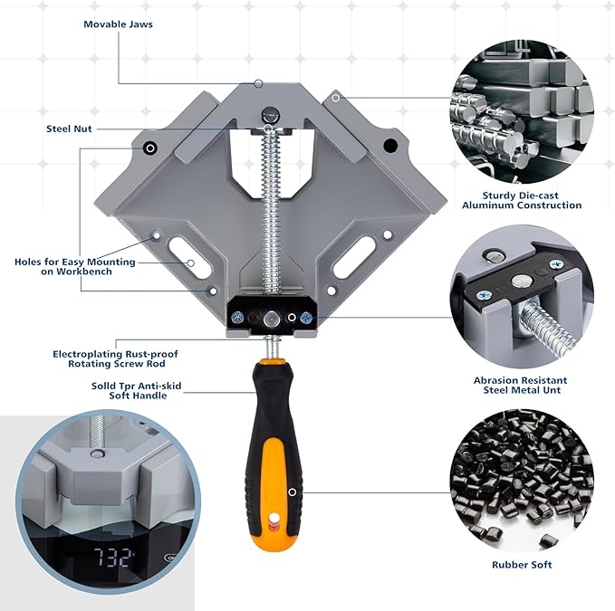 2pcs Right Angle Woodworking Clamp, With Adjustable Aluminum Alloy Swing Jaw, Single Handle Clamps, For Welding, Woodworking