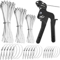 Heavy Duty Stainless Steel Cable Tie Gun Kit with 200 Self-Locking Metal Zip Ties, Adjustable Tension Cutting Tool for Garden Fence Repair, Outdoor Projects (100 of 11.8", 50 Each of 8.6", 6")
