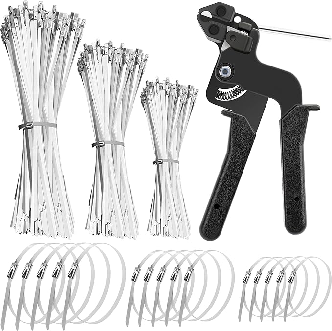 Heavy Duty Stainless Steel Cable Tie Gun Kit with 200 Self-Locking Metal Zip Ties, Adjustable Tension Cutting Tool for Garden Fence Repair, Outdoor Projects (100 of 11.8", 50 Each of 8.6", 6")