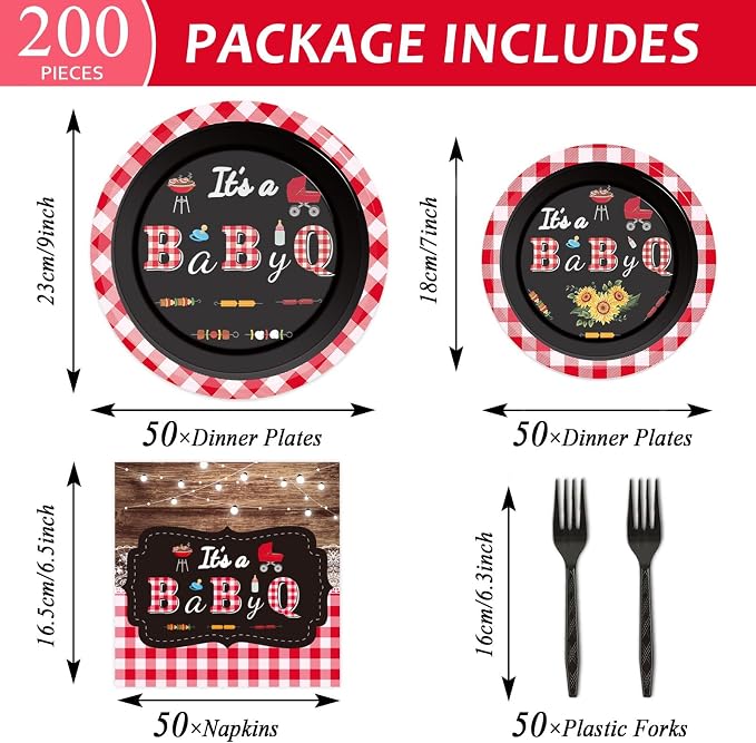 200pcs BBQ Baby Shower Plates Napkins Baby Q Paper Tableware Set It's A BabyQ - Image 2