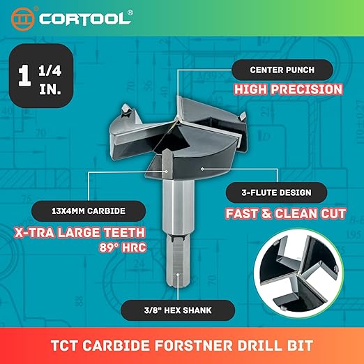 Forstner Drill Bit 1-1/4 Inch, Triple-Flute Carbide Tipped Forstner Bit for Hard Wood, Soft Wood, Veneered Plywood, Plastic, Drilling Hole Saw Woodworking Hinge Cutter Tool