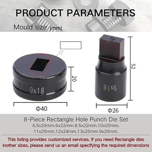 8-Piece Rectangle Hole Punch Die Set for Hydraulic Punch Tool - Compatible with CH-70 Machine, Metal Punching Dies for Steel Sheet, Copper Plate, Aluminum Plate (8-Piece Rectangle Hole Punch Die Set)