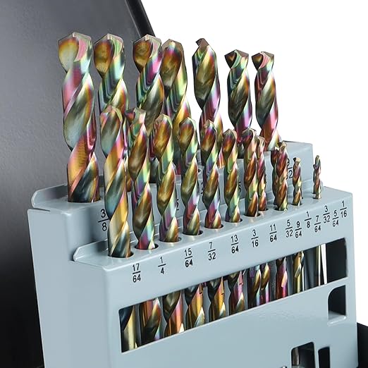 Lichamp Drill Bit Set, 21Pcs M2 HSS Cobalt Drill Bits from 1/16" to 3/8" for Metal, Cast Iron, Stainless Steel and Plastic with Durable Index Metal Storage Case, Colorful Titanium Plating