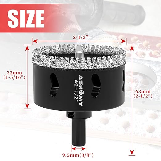 2-1/2 Inch Diamond Hole Saw with Pilot Drill Bit, 2-1/2" Serrated Brazing Tile Hole Saw Diamond Core Drill Bits with Guiding Bit for Ceramic Porcelain Tile Glass Stone Granite Marble