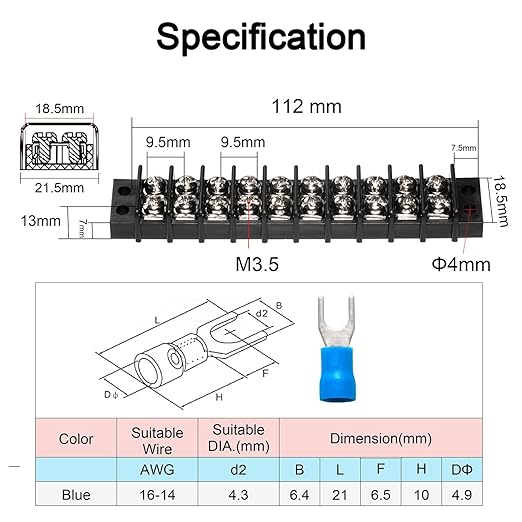 MILAPEAK Terminal Block - 2 Pack 10 Positions 200v-450v 20-30A Dual Row Screw Terminals Strip + 40 PCS Copper Wire Fork Connectors