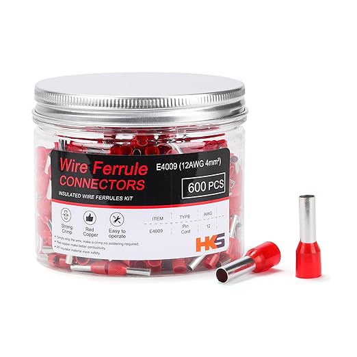 HKS 600PCS Wire Ferrule Connectors - AWG 12-4.0mm² Copper Barrel Pin Cord Ends Insulated Ferrules Terminals - E4009 Red