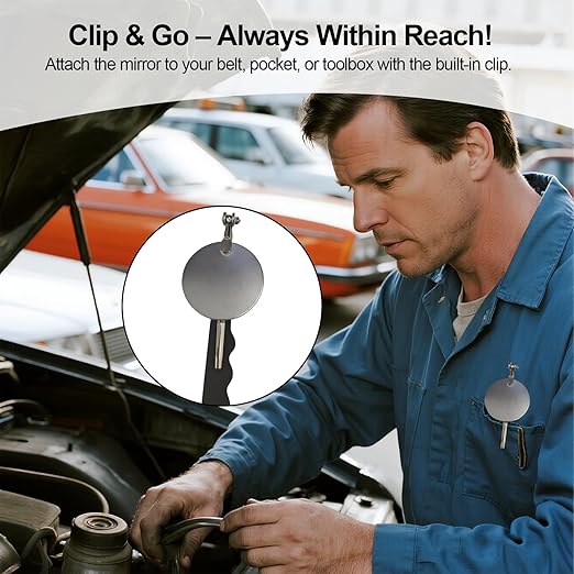 Telescoping Inspection Mirror with Rotating Head,Extendable Mechanic Mirror with Long Handle and Clip-On Design for Mechanics, Dentists, Auto, Boat (2.05in Round & 1.18in Round)