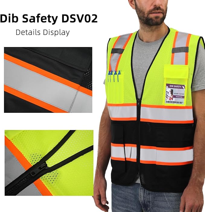 Dib Safety Reflective Mesh Vest High Visibility Two Tone with Pockets and Zipper, Yellow and Black Mesh with Orange Trim 2XL