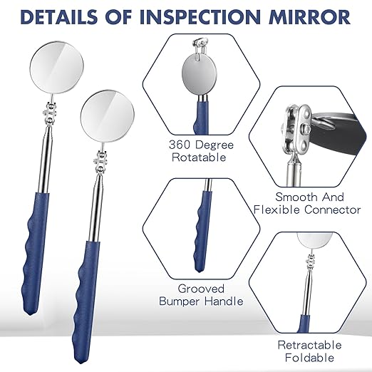 2 Pcs Telescoping Inspection Mirrors, Mechanics Mirror Tool with Long Handle, Round Extendable Mirror on a Stick for Technicians Mechanics Contractors Checking Observation(50mm,Blue)