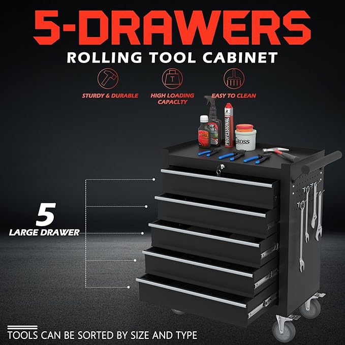 5-Drawer Rolling Tool Box, Metal Tool Chest with Wheels and Locking, Portable for Warehouse, Garage, Repair Shop, Workshop (Black, 5-Drawer)