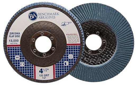 Benchmark Abrasives 4.5" Premium Zirconia Type 27 Flat Flap Discs Grinding Wheels for Sanding Stock Rust Removal Finishing Grinding Deburring Stainless Steel, 7/8" Arbor (100 Pack) - 120 Grit