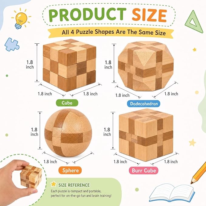 4 Pack Wooden Puzzle Games Brain Teasers Toy- 3D Puzzles - Image 2
