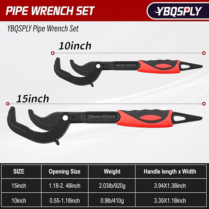 Pipe Wrench Set, 10” and 15” Self Adjusting Wrench 2-Piece Plumbing Tools - Pipe Vise Wrench Basin Wrench for 0.55“-2.48”/14-60mm Standard Nuts, Irregular Nuts, Pipes Use