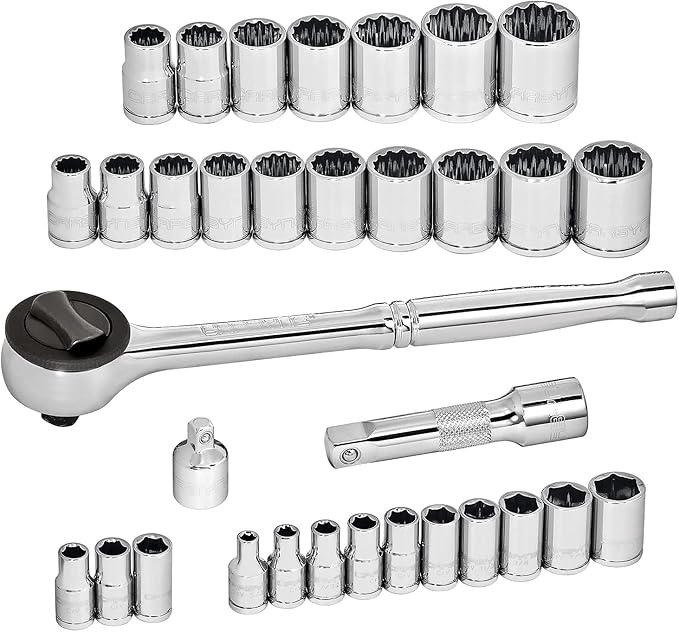 CARBYNE 1/4" & 3/8" Drive Socket & Ratchet Set - 34 Piece | SAE & Metric. Includes Metric 6 to 18mm, SAE 5/32" to 3/4". 6 & 12 Point. Cr-V Steel • From a Family-Run Tool Company Based in the U.S.A.