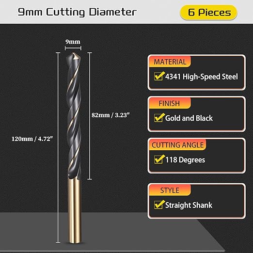 Drill Bit, 9mm Cutting Diameter, 4341 HSS Gold and Black 118° Cutting Angle Number Jobber Bits - (Applications: for Drilling Soft Metal Plastic Wood), 6-Pieces