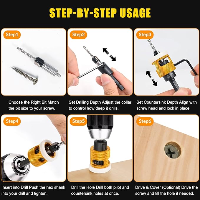 5PCS Countersink Drill Bit Set, Low Friction Depth Stop, 1/8 9/64" 5/32" Drill + 3/8” 82° Counter-Bore, 11/64" 3/16" Drill + 1/2" 82° Counter-Bore, 1/4" Hex Shank, for Woodworking, with Storage Box