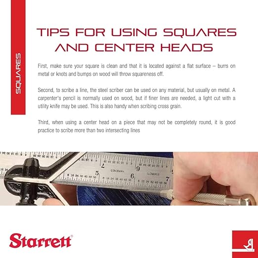Starrett Steel Combination Square with Square Head - 150mm Blade Length, Cast Iron Heads, Hardened Steel, Reversible Lock Bolt, Scriber, 35 Graduation Type - C11MH-150