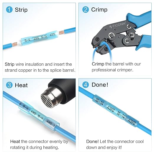 TICONN Blue 200PCS Heat Shrink Butt Wire Connector Kit, Insulated Waterproof Electrical Marine Automotive Wire Crimp Terminals Butt Splice (Blue200PCS)