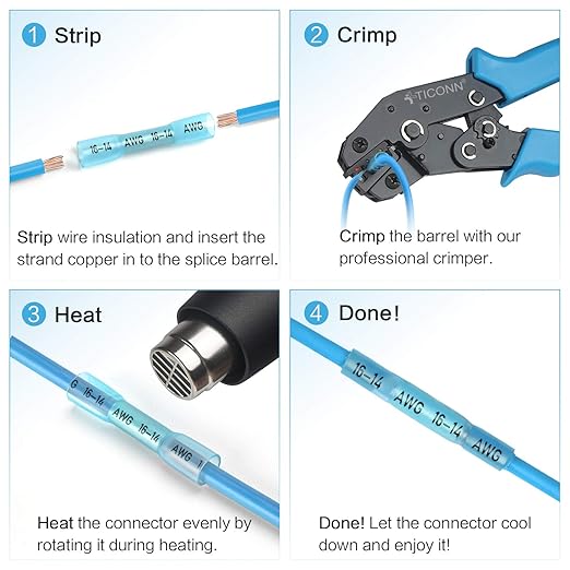 TICONN 400PCS Heat Shrink Butt Wire Connector Kit, Insulated Waterproof Electrical Wire Crimp Terminals Butt Splice for Marine Automotive (400PCS)