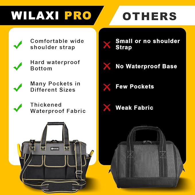 17 in Tool Bag For Men with Waterproof Molded Base, High Capacity Wide Mouth Tote, Construction Worker Electricians Tool Bags, Large Tool Bag Organizer for Men Women (GREY)