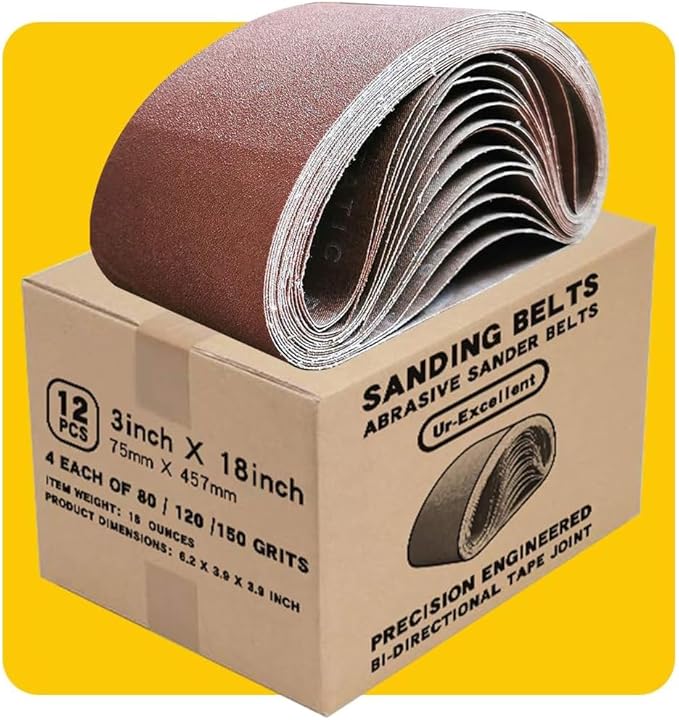 3x18 3 x 18 Inch Sanding Belt Pack 3-Inch x 18-Inch,12 Pcs(4 Each of 80 120 150 Grits) Aluminum Oxide for Sander