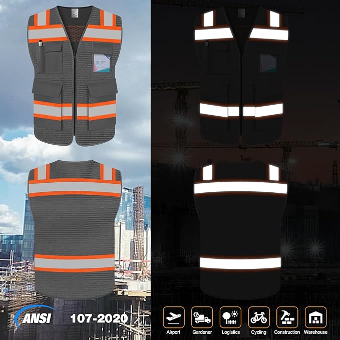 TCCFCCT High Visibility Vest 5 Pockets Mesh Reflective Safety Vest for Men Women, Hi Vis Work Vest with Reinforced Zipper and Fluorescent Orange Edge, Durable to Use, Meets ANSI/ISEA, DW-Grey, 2XL