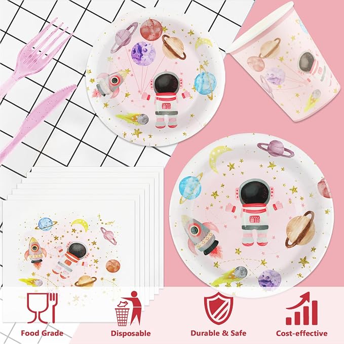 120 PCS Space Party Supplies, Disposable Pink Moon Star Paper Plates Napkins - Image 3