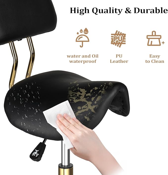 OmySalon Drafting Chair,Ergonomic Saddle Stool with Back Support,Tall Adjustable Rolling Stool with Thick Seat Cushion, Office Computer Chair for Salon Barber Spa Home Bar, Black Gold